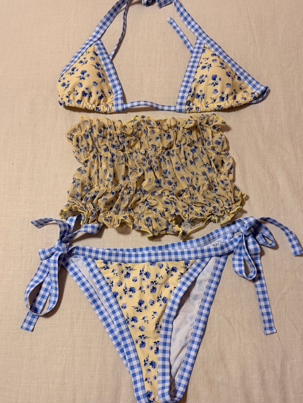 SHEIN Yellow Floral & Blue Gingham 3-Piece Girls Swim Set